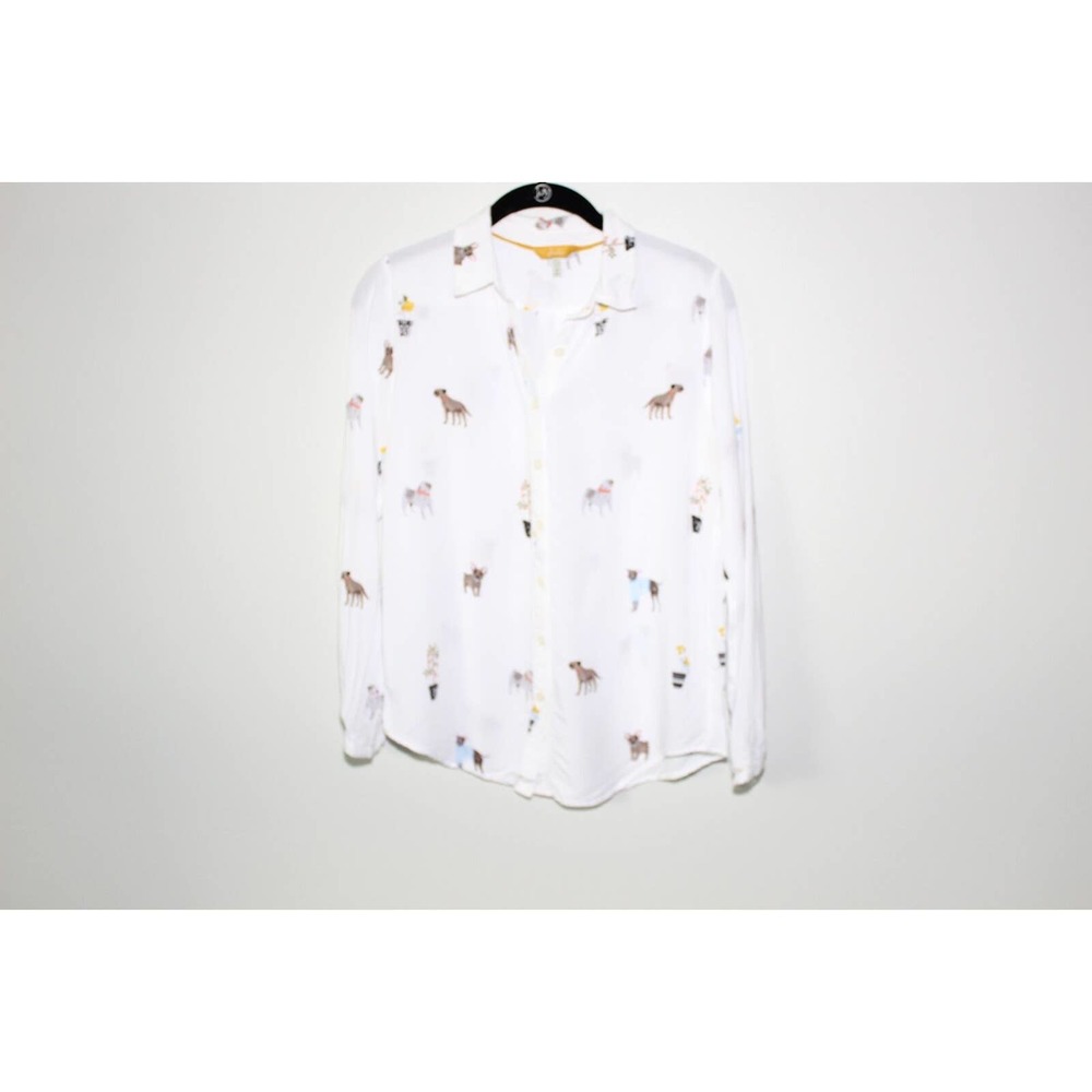 Joules Elvina Dog Print Button Up Shirt White Blouse LS Women's Size 2 H13483 - Picture 9 of 14